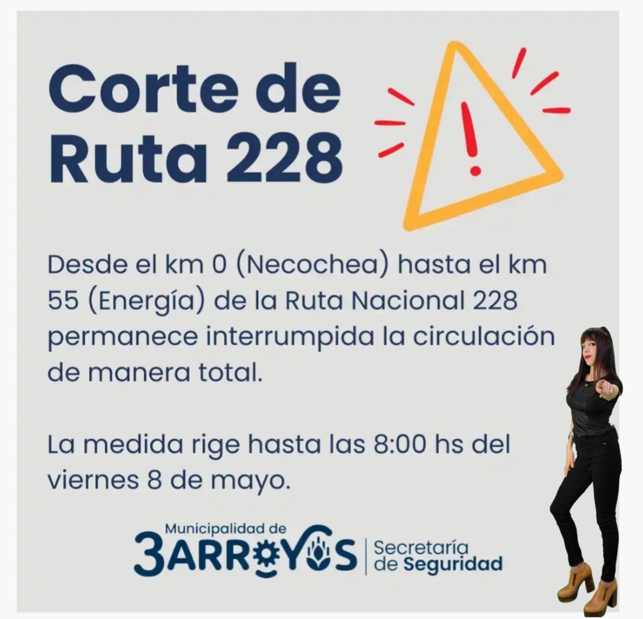Imagen asociada a Alerta de tránsito: Ruta Nacional 228 con corte total entre km 0 (Necochea) y km 55 (Energía) hasta las 8:00 hs del viernes 8 de mayo